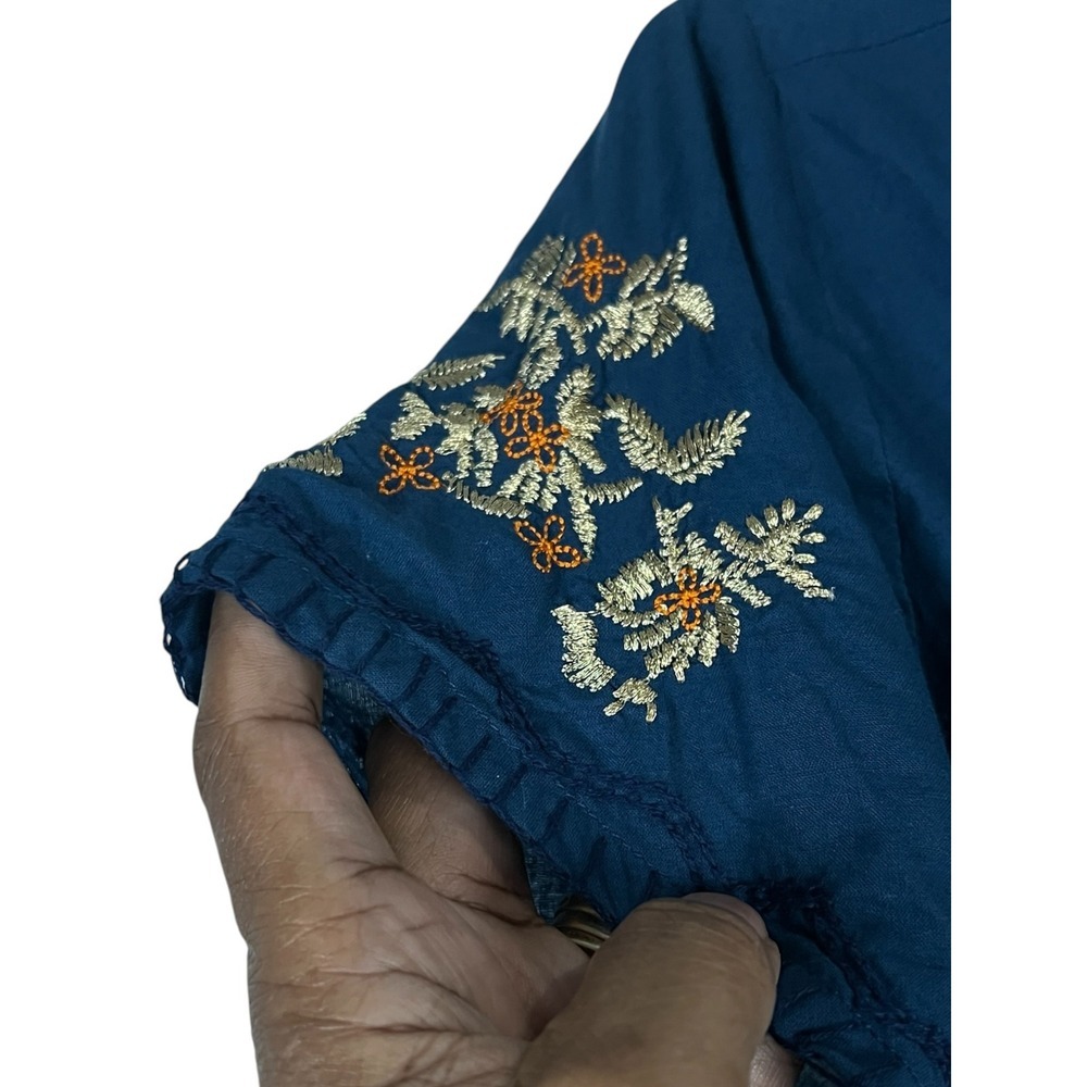 British India Traveller Navy Blue Embroidered V-Neck Top - Sz 7 (Small/Med) - Picture 5 of 5